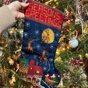 Needlepoint seasons greetings Christmas Stocking with Santa Holiday Scene